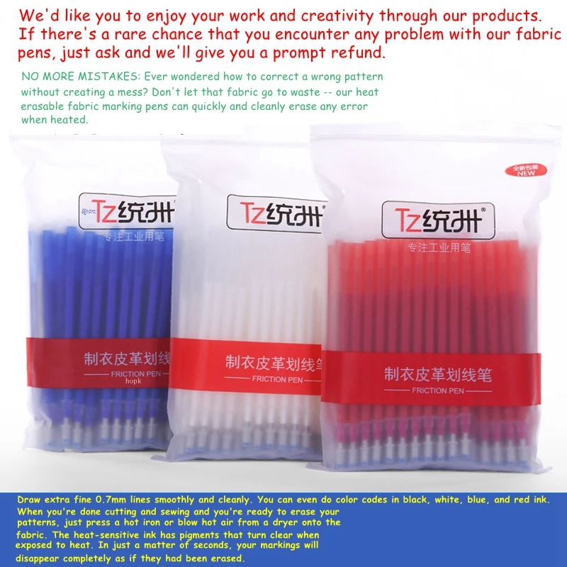 100Pcs/set High Temperature Disappearing Fabric PU Leather Marker Pen BIG Refills for Quilting Sewing and Dressmaking Heat Erase