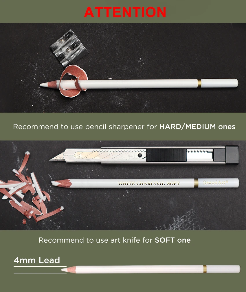 SeamiArt 3Pcs White Soft/Medium/Hard Charcoal Pencil for Sketch Carbon Pen Sketch Art Tools Office School Supplies Pencils