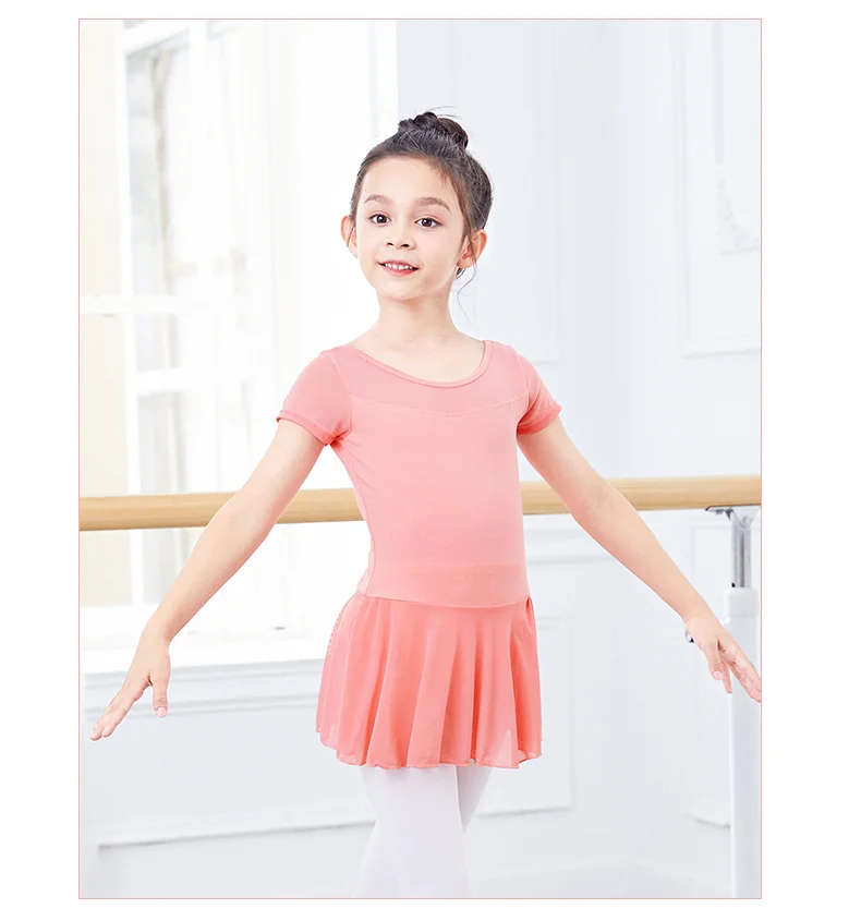 Kids Girls Ballet Dress Gymnastics Leotards Mesh Splice Short Sleeve Ballet Leotards Dance Costumes Soft Ballet Dance Bodysuit