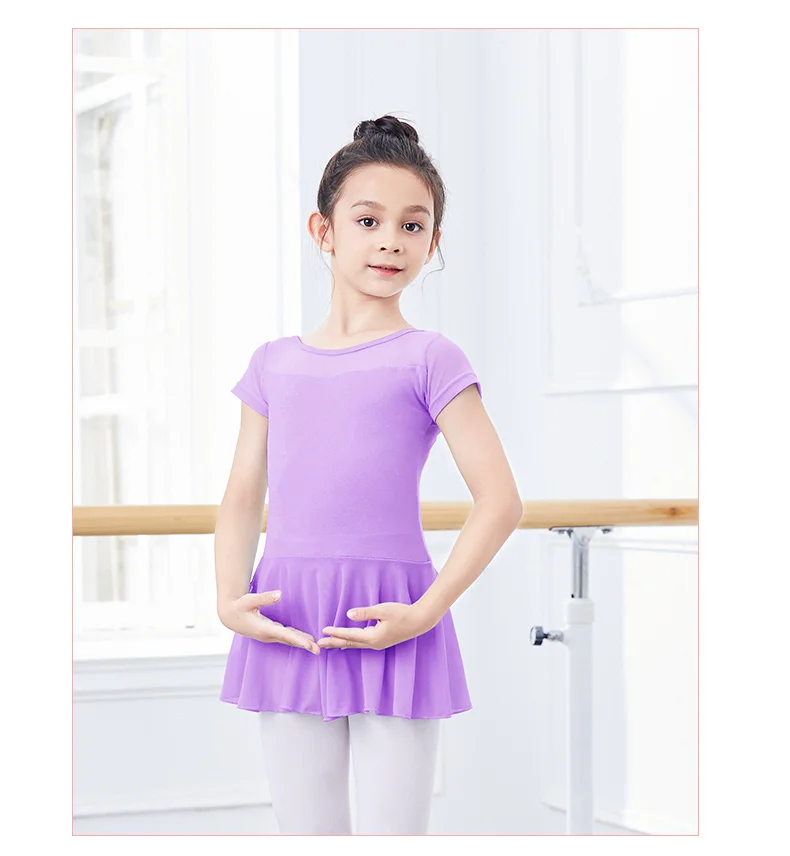 Kids Girls Ballet Dress Gymnastics Leotards Mesh Splice Short Sleeve Ballet Leotards Dance Costumes Soft Ballet Dance Bodysuit