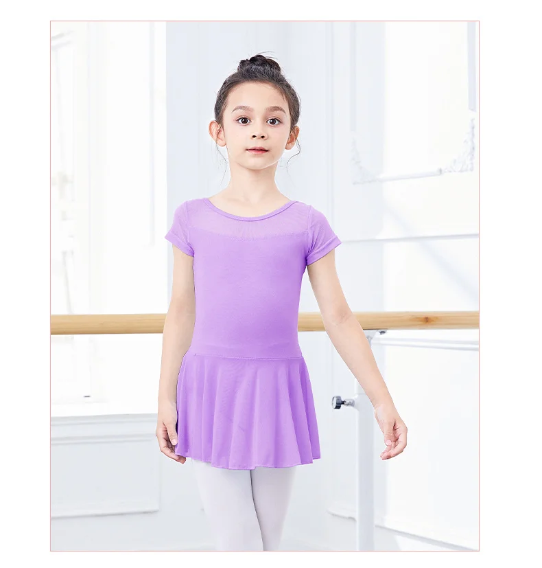 Kids Girls Ballet Dress Gymnastics Leotards Mesh Splice Short Sleeve Ballet Leotards Dance Costumes Soft Ballet Dance Bodysuit