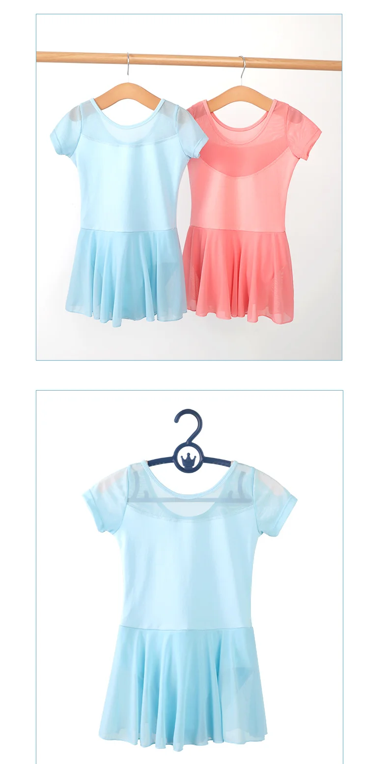 Kids Girls Ballet Dress Gymnastics Leotards Mesh Splice Short Sleeve Ballet Leotards Dance Costumes Soft Ballet Dance Bodysuit