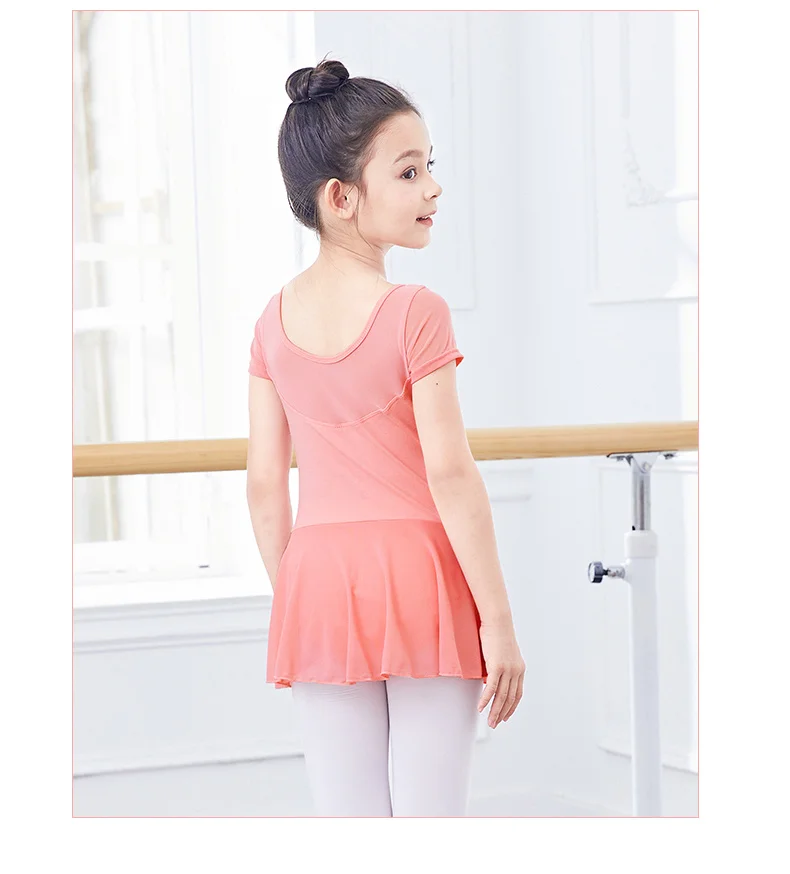 Kids Girls Ballet Dress Gymnastics Leotards Mesh Splice Short Sleeve Ballet Leotards Dance Costumes Soft Ballet Dance Bodysuit