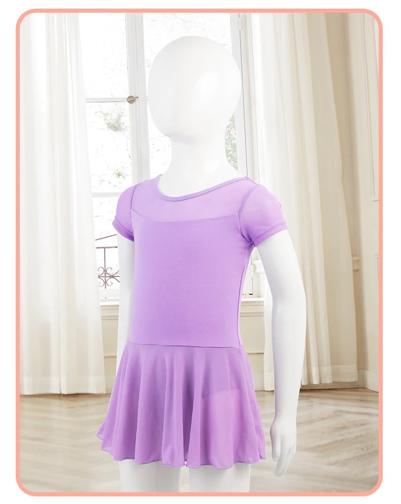 Kids Girls Ballet Dress Gymnastics Leotards Mesh Splice Short Sleeve Ballet Leotards Dance Costumes Soft Ballet Dance Bodysuit