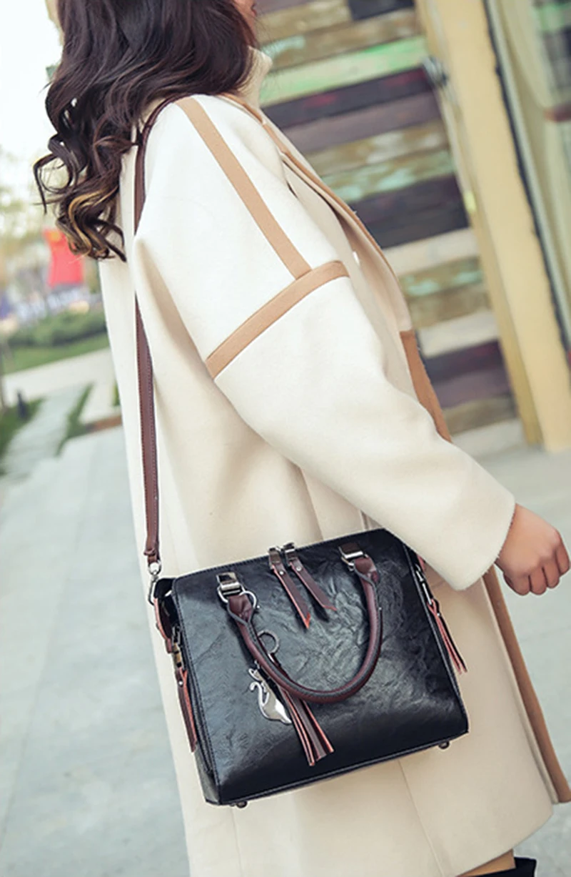 Yogodlns Vintage Cat Tassel Luxury Handbag Women Bags Double Zipper Crossbody Bags Shoulder Bag Casual Shell Tote Ladie