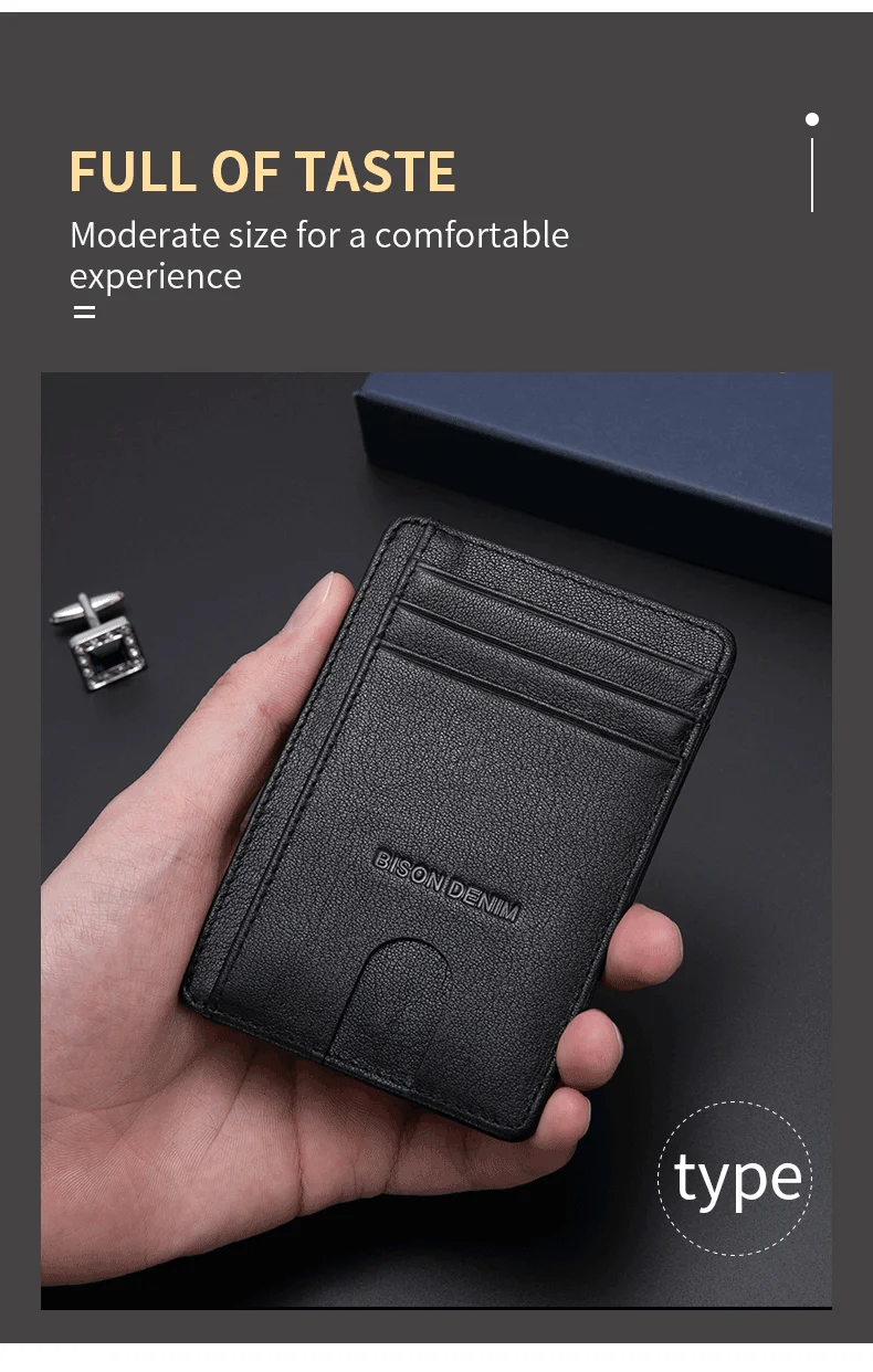 BISON DENIM Cow Leather Fashion Slim Minimalist Men Wallet Credit Card Holder RFID Blocking Leather Purse 11.3*8.2*1cm W9670-1BS