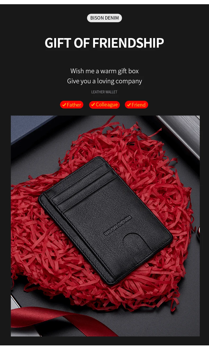 BISON DENIM Cow Leather Fashion Slim Minimalist Men Wallet Credit Card Holder RFID Blocking Leather Purse 11.3*8.2*1cm W9670-1BS