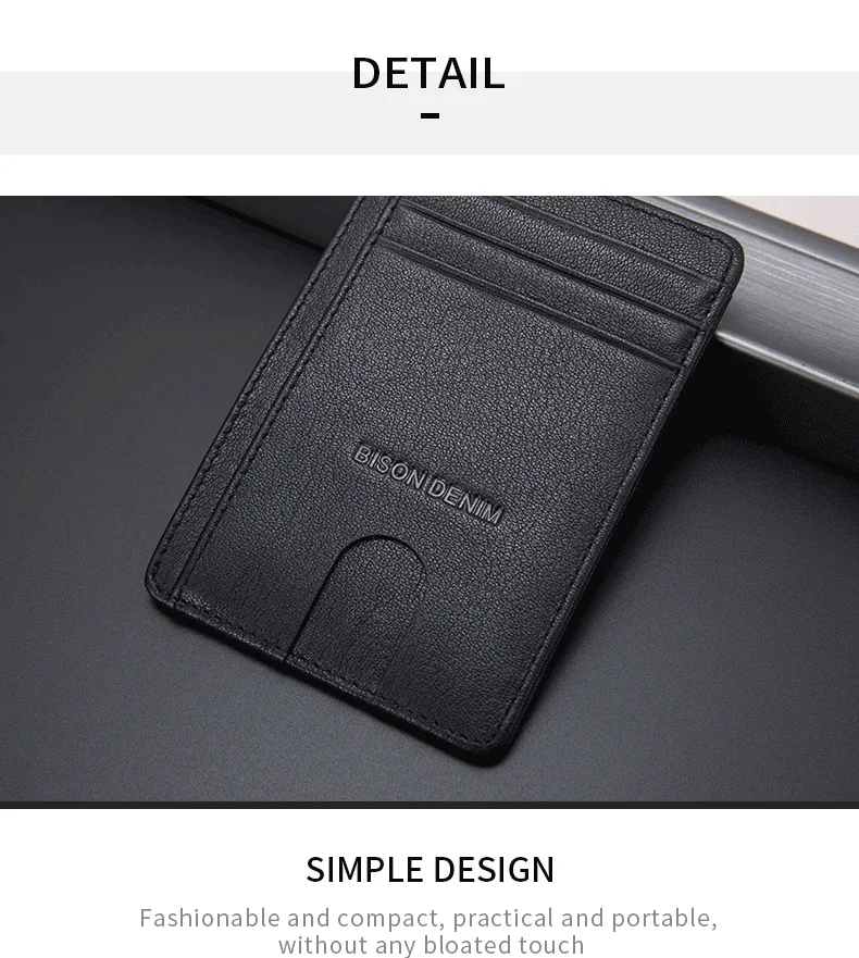 BISON DENIM Cow Leather Fashion Slim Minimalist Men Wallet Credit Card Holder RFID Blocking Leather Purse 11.3*8.2*1cm W9670-1BS