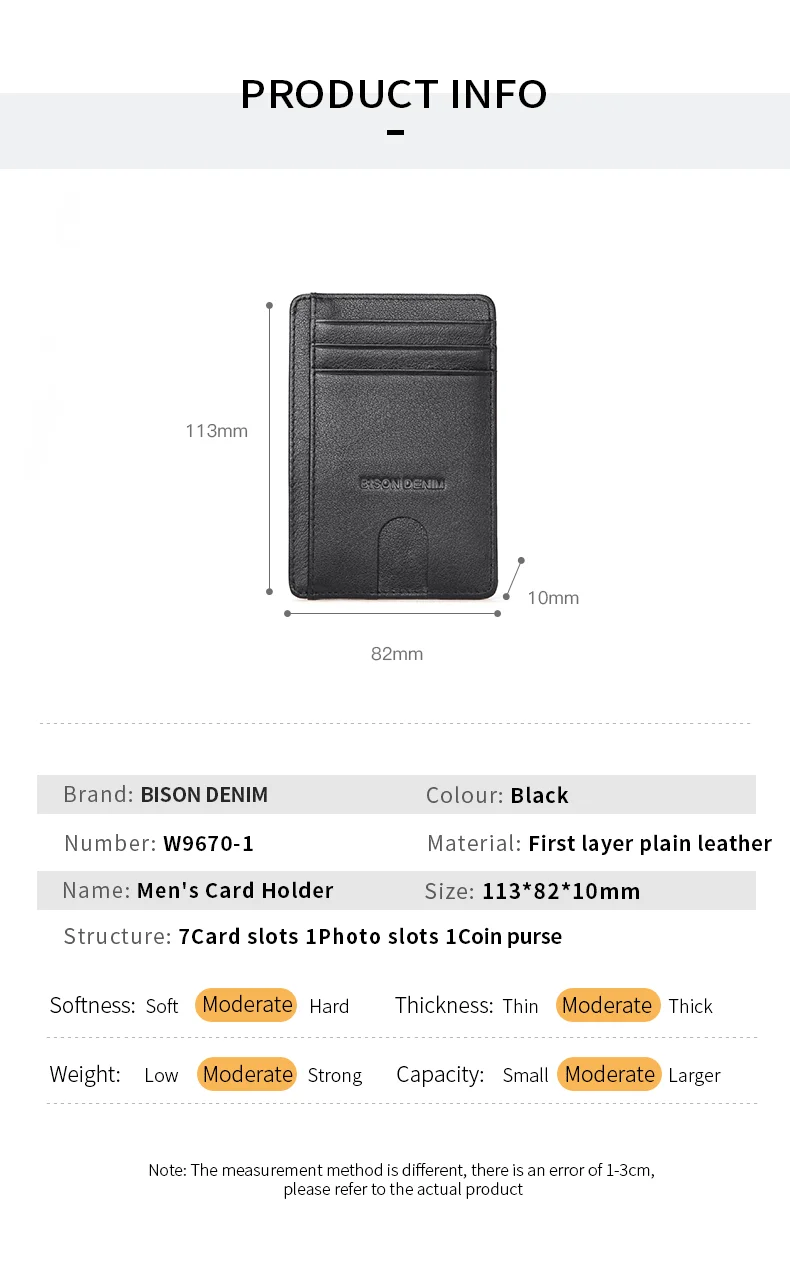 BISON DENIM Cow Leather Fashion Slim Minimalist Men Wallet Credit Card Holder RFID Blocking Leather Purse 11.3*8.2*1cm W9670-1BS