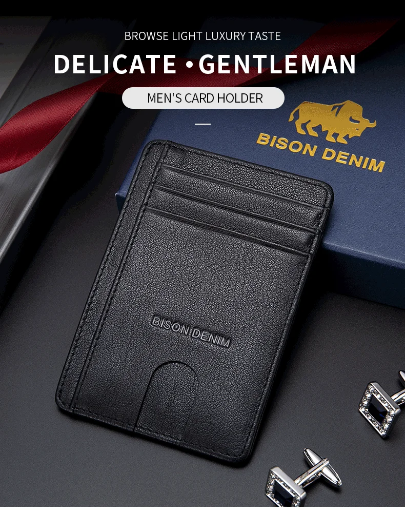 BISON DENIM Cow Leather Fashion Slim Minimalist Men Wallet Credit Card Holder RFID Blocking Leather Purse 11.3*8.2*1cm W9670-1BS