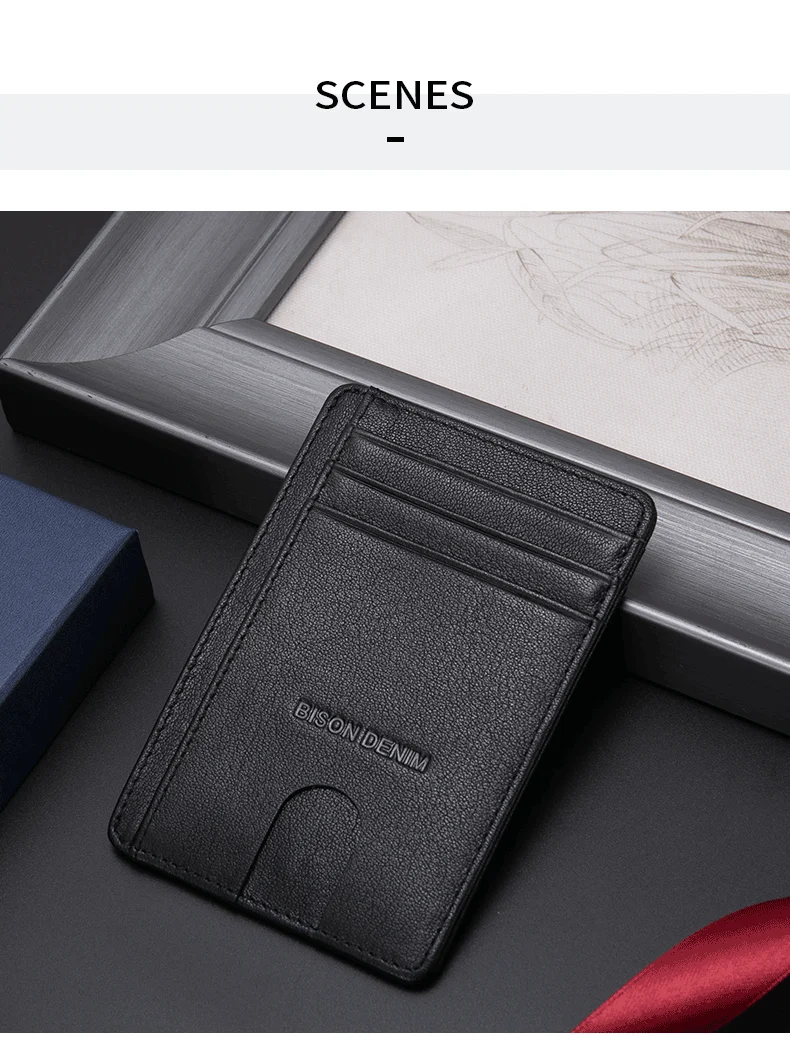 BISON DENIM Cow Leather Fashion Slim Minimalist Men Wallet Credit Card Holder RFID Blocking Leather Purse 11.3*8.2*1cm W9670-1BS