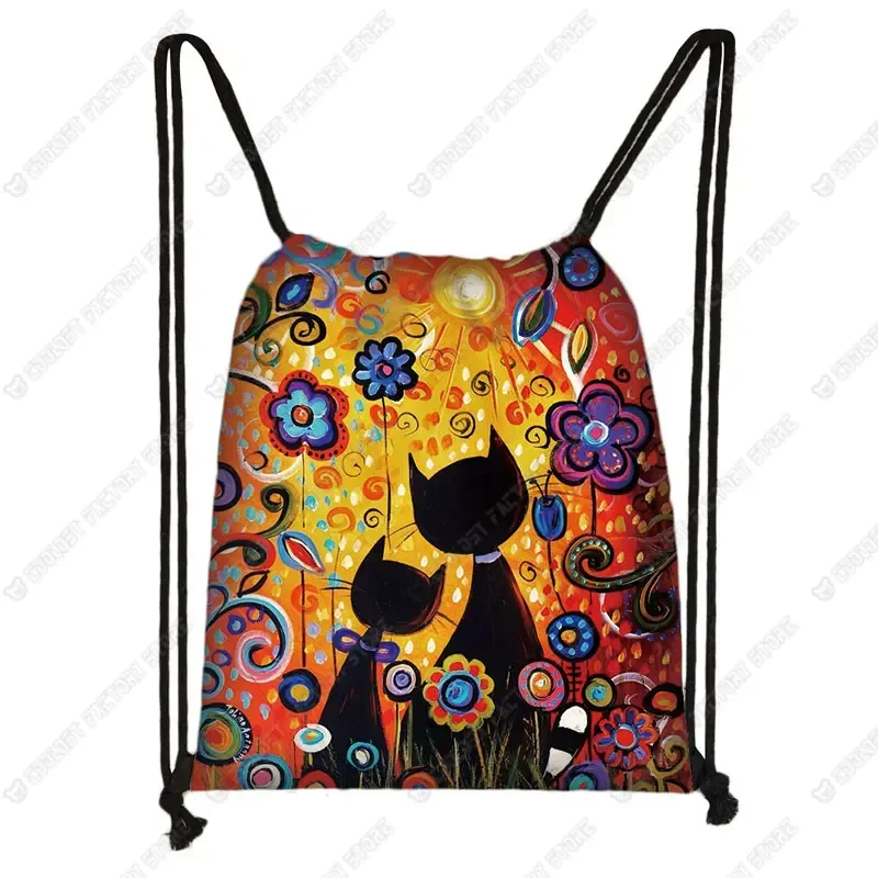 Lovely Animal Cat Pattern Women Drawstring Bag Cute Cartoon Cats Image Printed Storage Bag Canvas Fashion Traveling Backpack