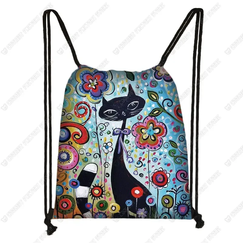 Lovely Animal Cat Pattern Women Drawstring Bag Cute Cartoon Cats Image Printed Storage Bag Canvas Fashion Traveling Backpack