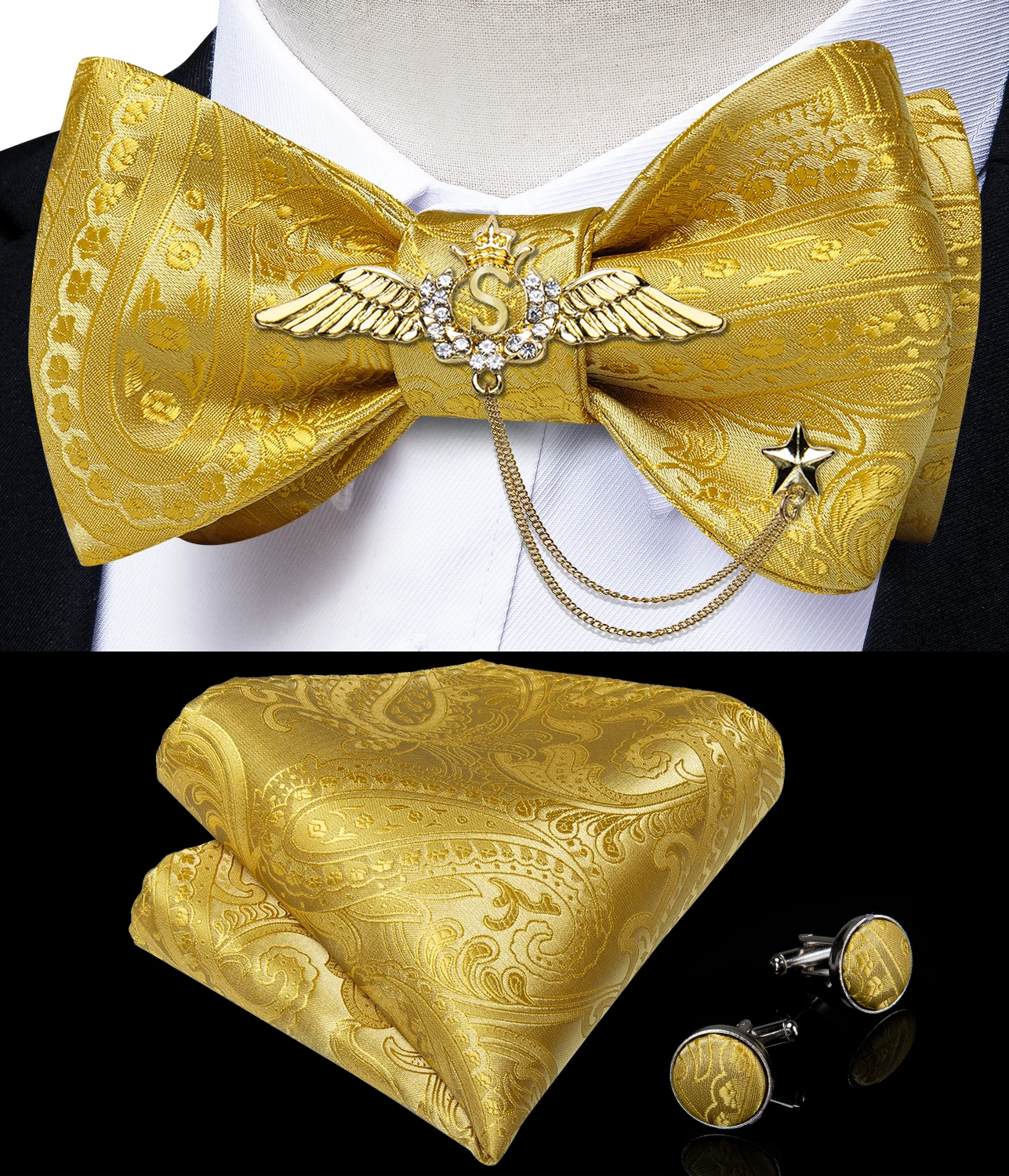 New Arrival Bow Ties For Men Bowties Cufflinks Handkerchief Set For Party Wedding Suit Accessories Man Tie Golden Brooch