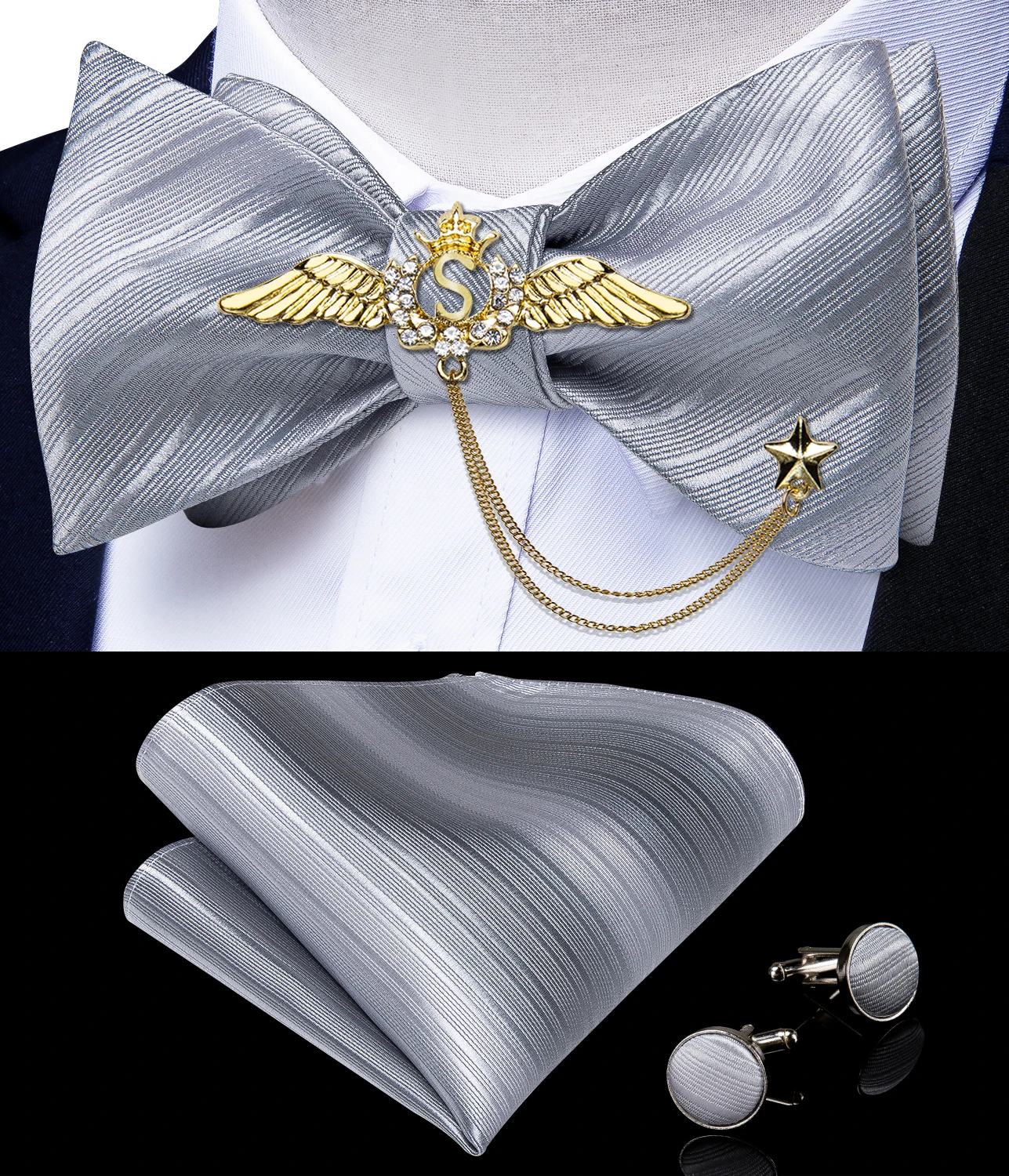 New Arrival Bow Ties For Men Bowties Cufflinks Handkerchief Set For Party Wedding Suit Accessories Man Tie Golden Brooch