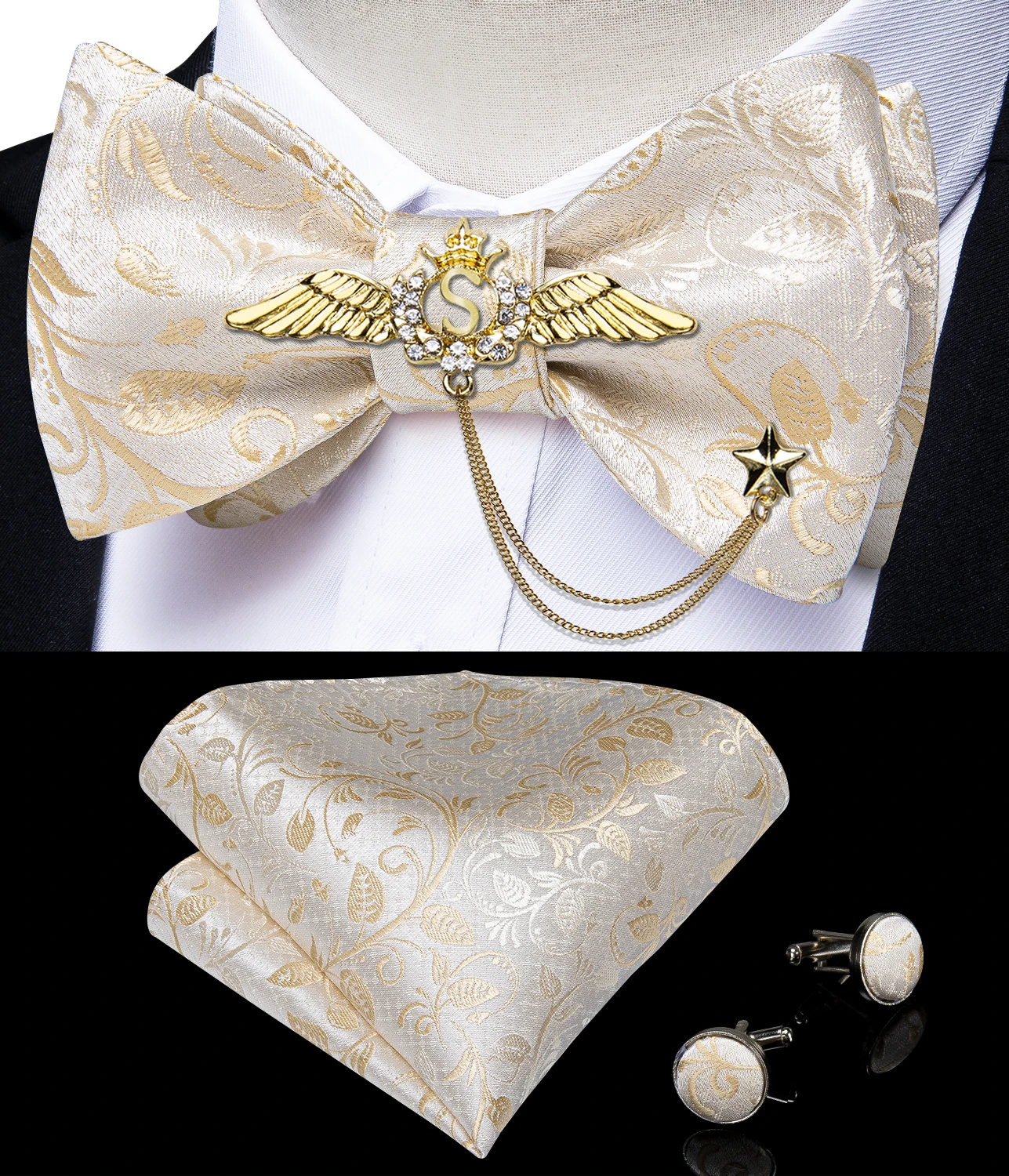 New Arrival Bow Ties For Men Bowties Cufflinks Handkerchief Set For Party Wedding Suit Accessories Man Tie Golden Brooch