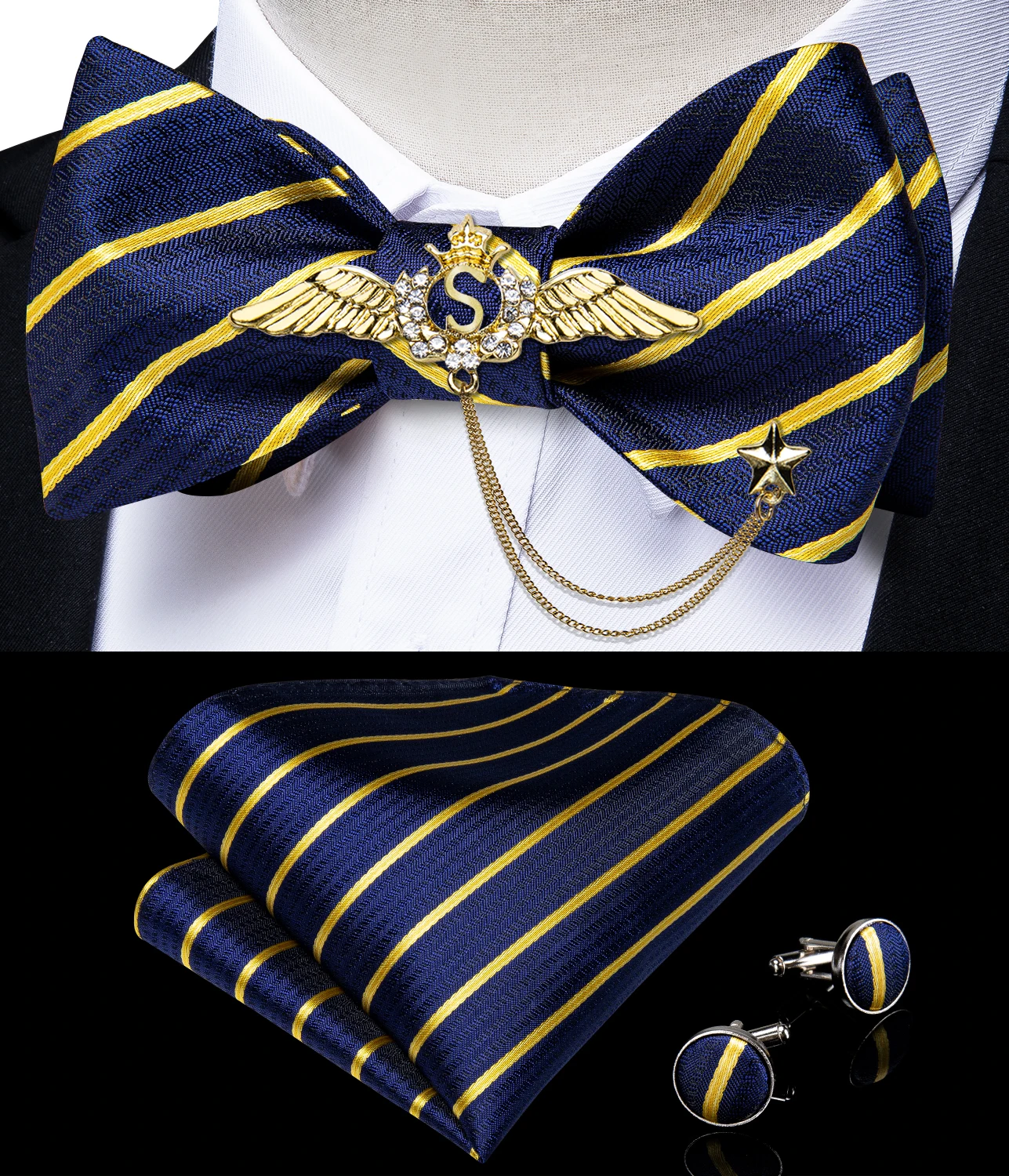 New Arrival Bow Ties For Men Bowties Cufflinks Handkerchief Set For Party Wedding Suit Accessories Man Tie Golden Brooch