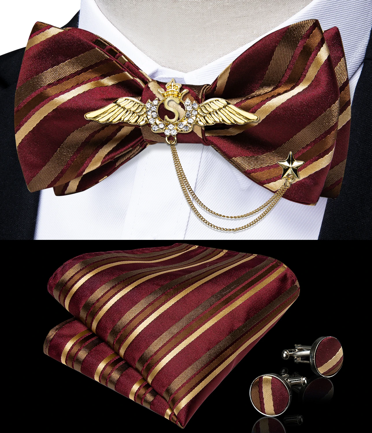 New Arrival Bow Ties For Men Bowties Cufflinks Handkerchief Set For Party Wedding Suit Accessories Man Tie Golden Brooch