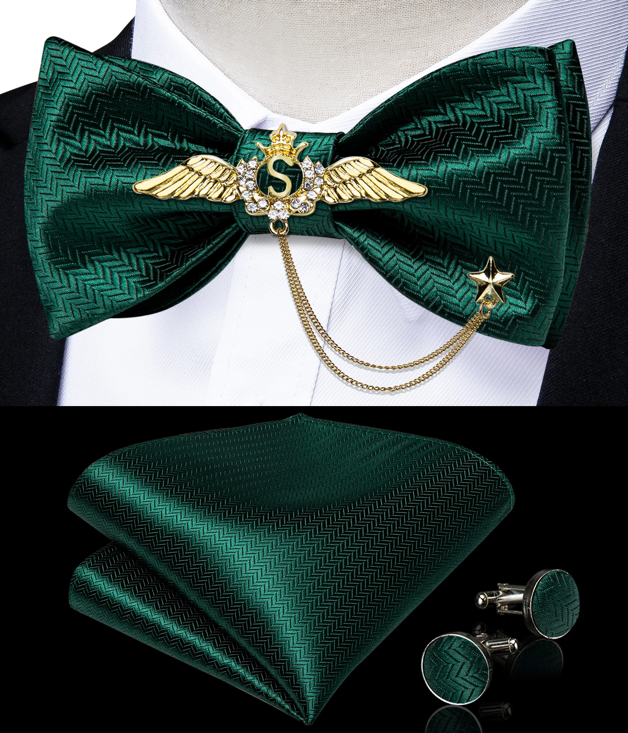 New Arrival Bow Ties For Men Bowties Cufflinks Handkerchief Set For Party Wedding Suit Accessories Man Tie Golden Brooch