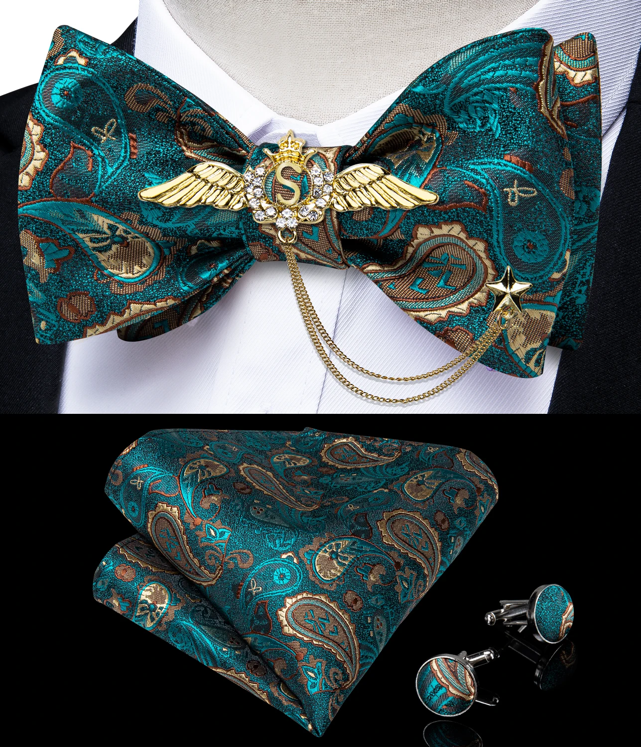 New Arrival Bow Ties For Men Bowties Cufflinks Handkerchief Set For Party Wedding Suit Accessories Man Tie Golden Brooch