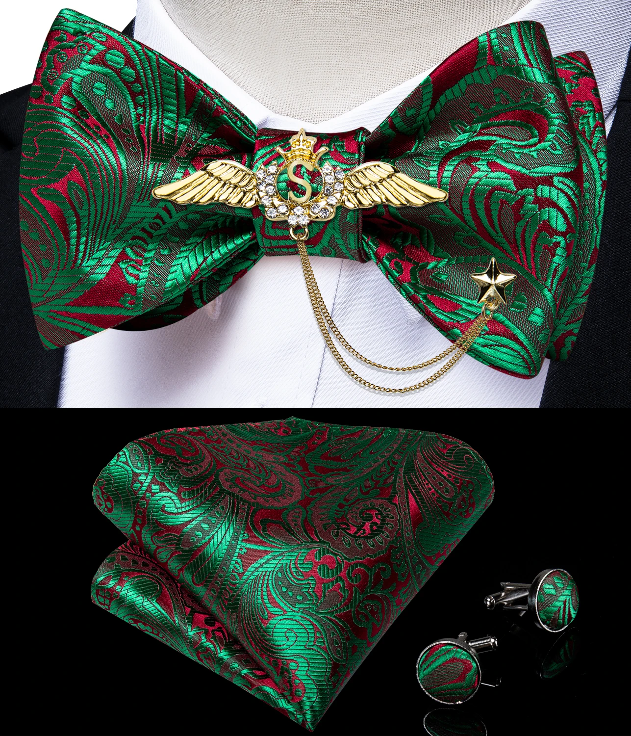 New Arrival Bow Ties For Men Bowties Cufflinks Handkerchief Set For Party Wedding Suit Accessories Man Tie Golden Brooch