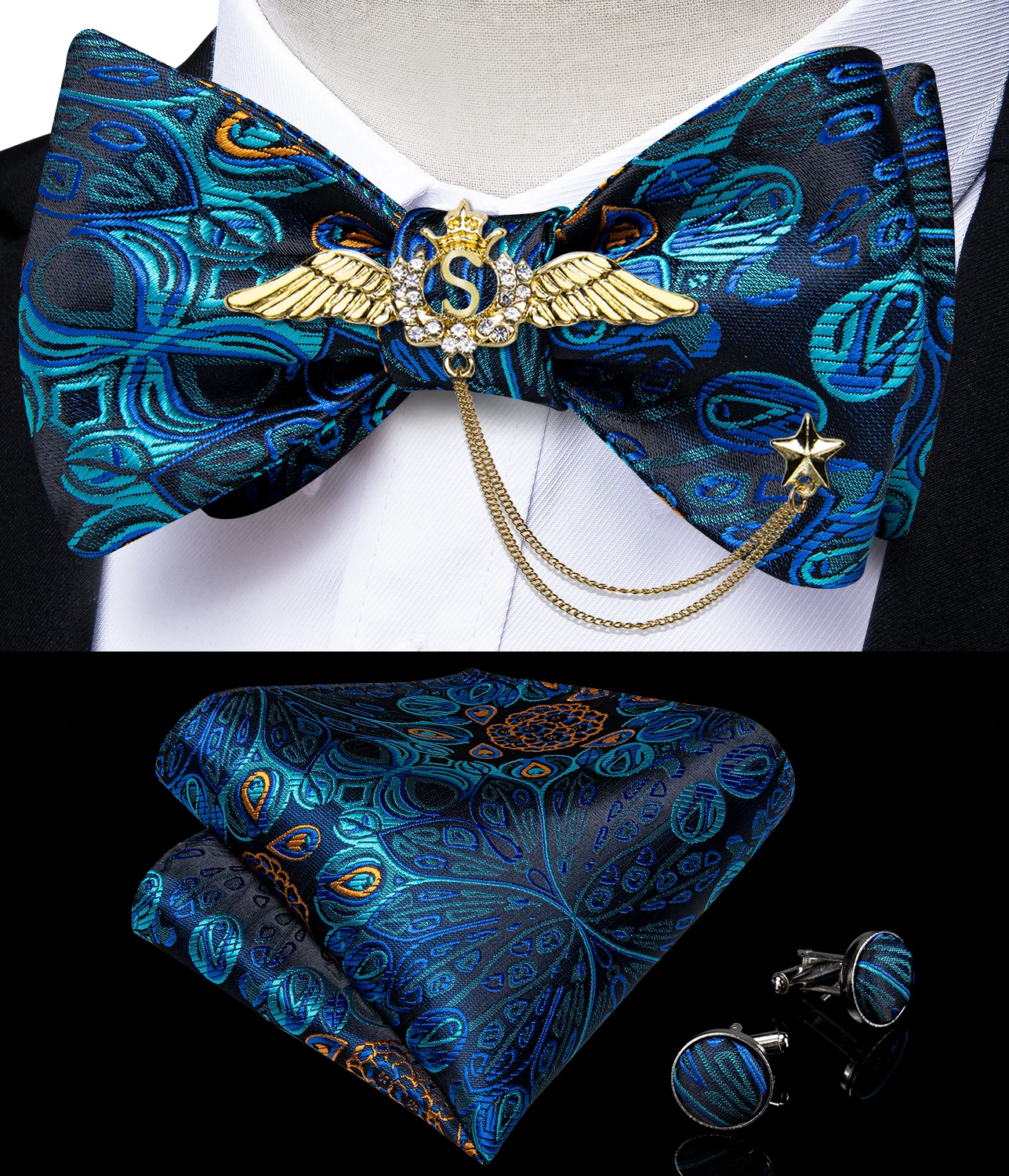 New Arrival Bow Ties For Men Bowties Cufflinks Handkerchief Set For Party Wedding Suit Accessories Man Tie Golden Brooch