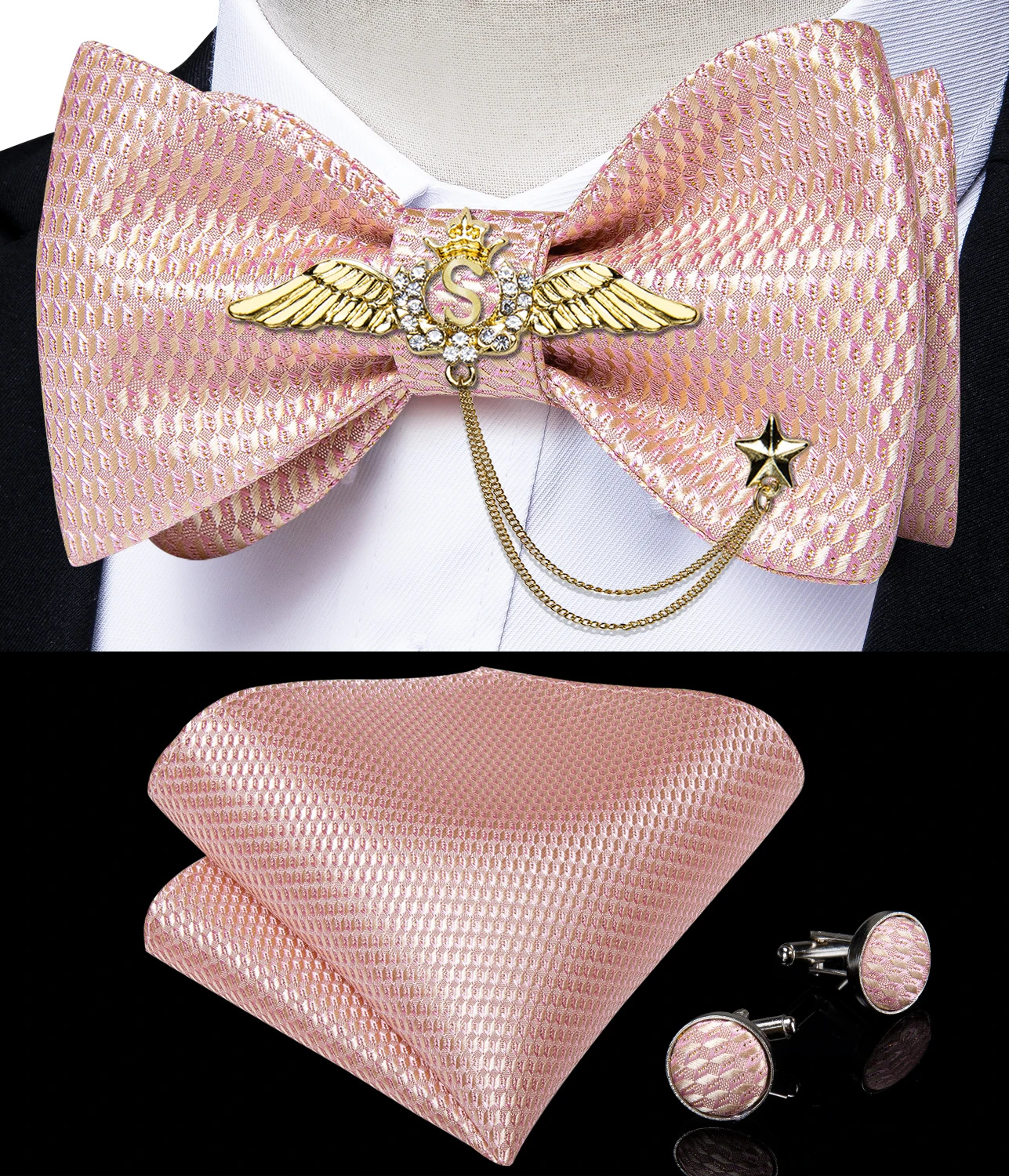 New Arrival Bow Ties For Men Bowties Cufflinks Handkerchief Set For Party Wedding Suit Accessories Man Tie Golden Brooch