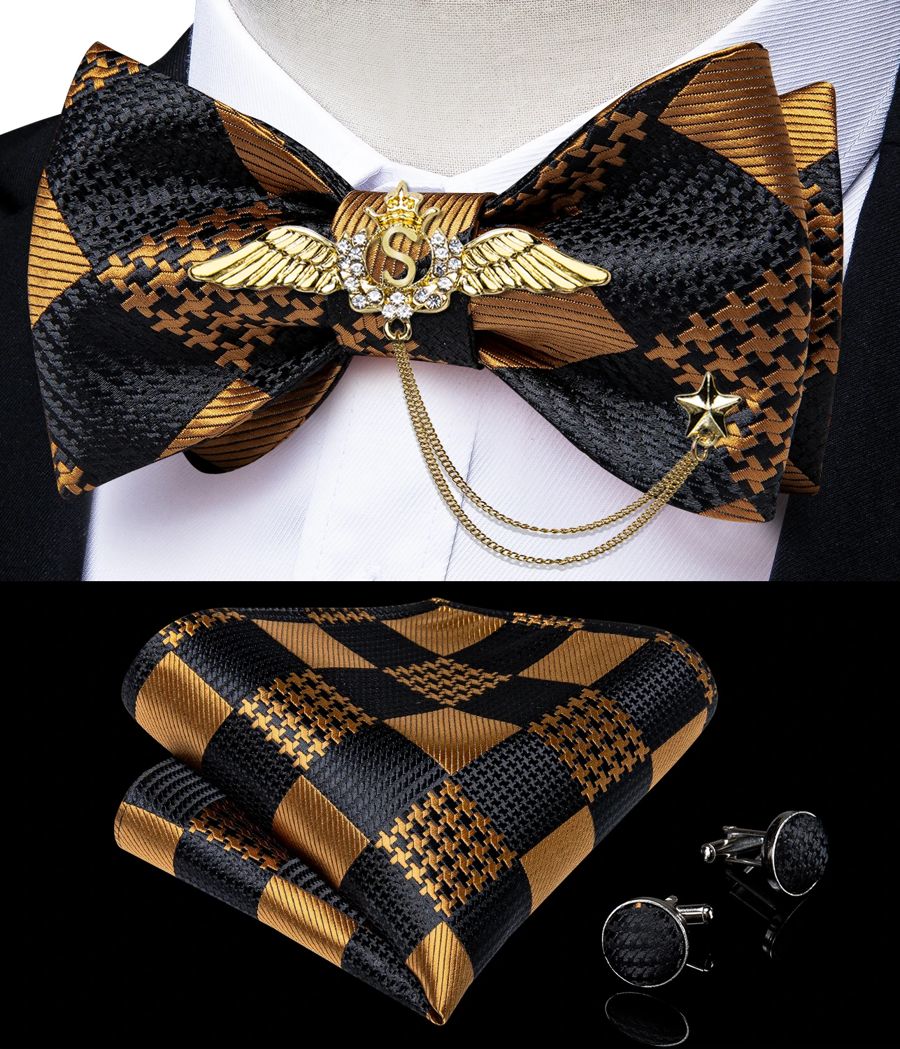 New Arrival Bow Ties For Men Bowties Cufflinks Handkerchief Set For Party Wedding Suit Accessories Man Tie Golden Brooch