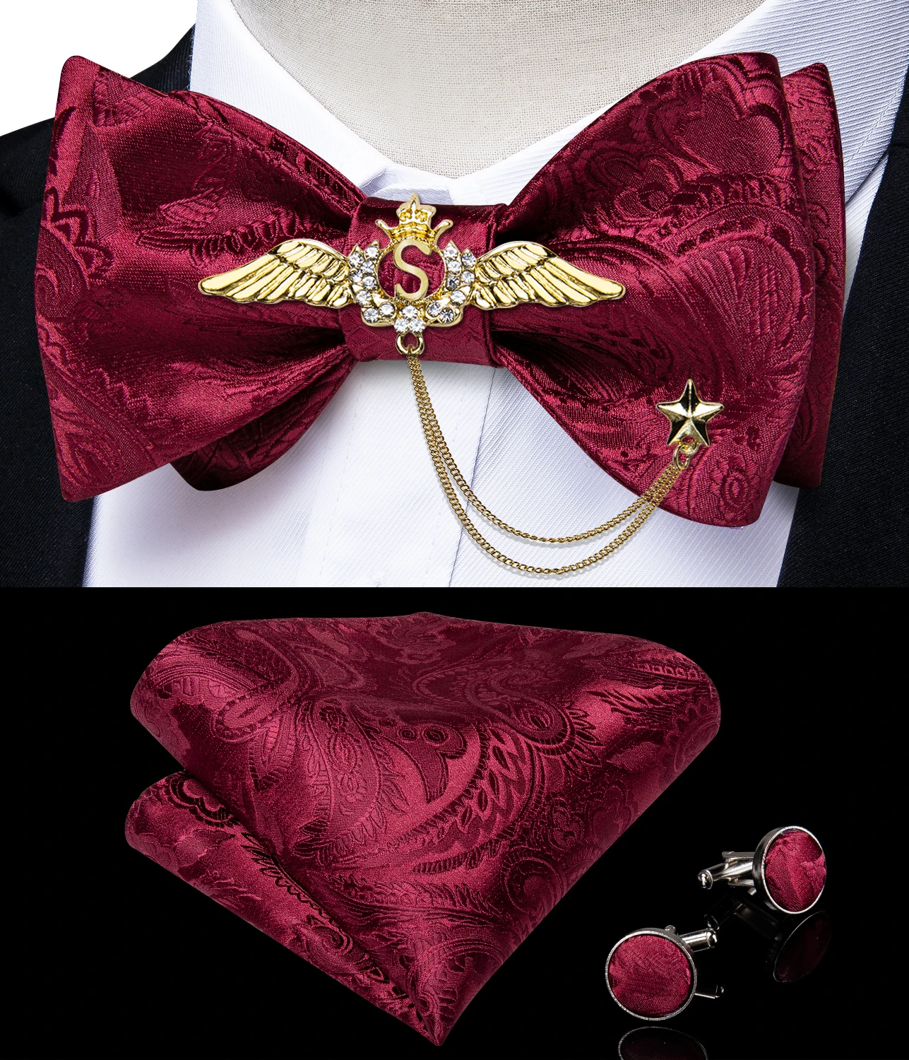 New Arrival Bow Ties For Men Bowties Cufflinks Handkerchief Set For Party Wedding Suit Accessories Man Tie Golden Brooch