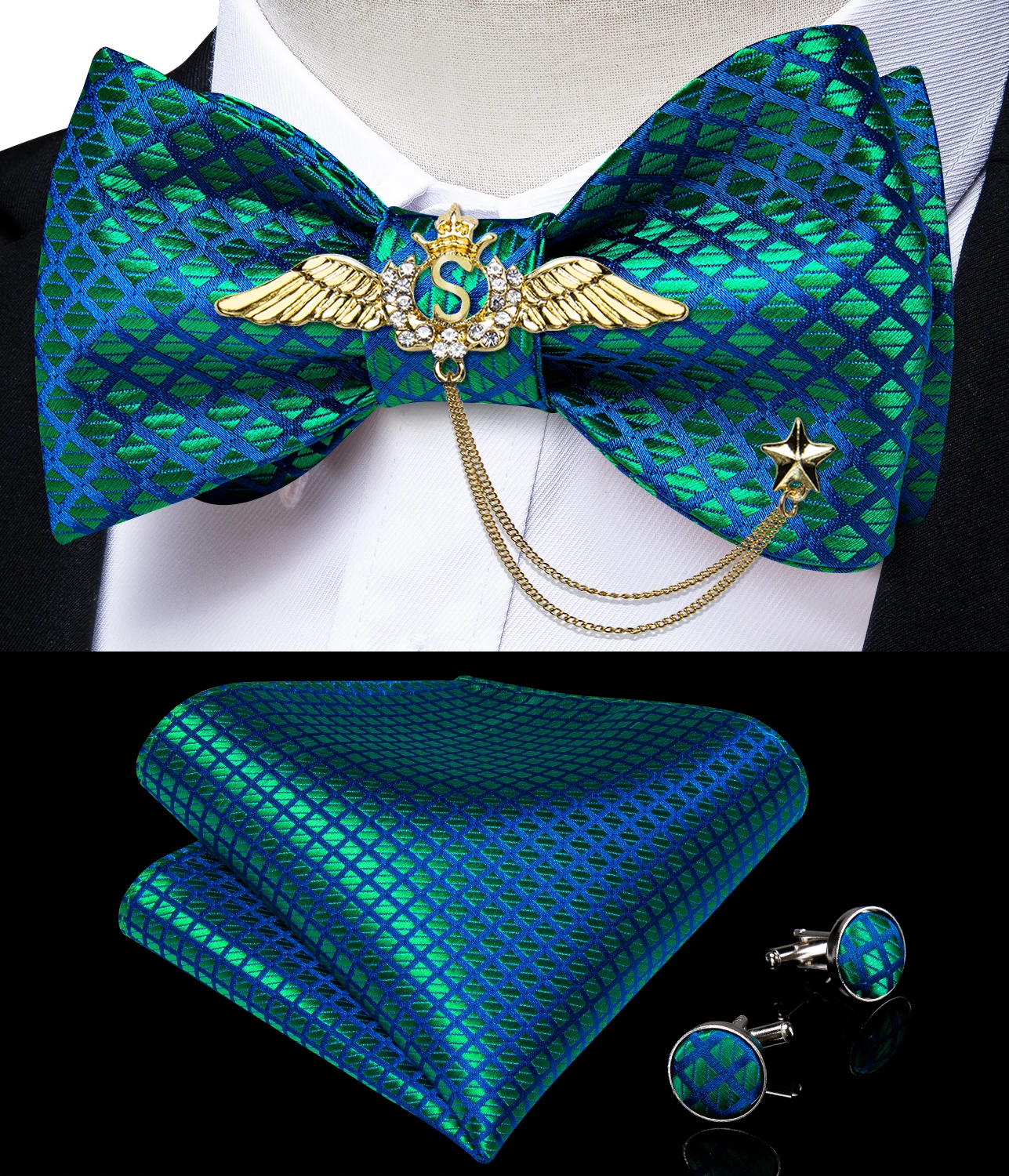 New Arrival Bow Ties For Men Bowties Cufflinks Handkerchief Set For Party Wedding Suit Accessories Man Tie Golden Brooch