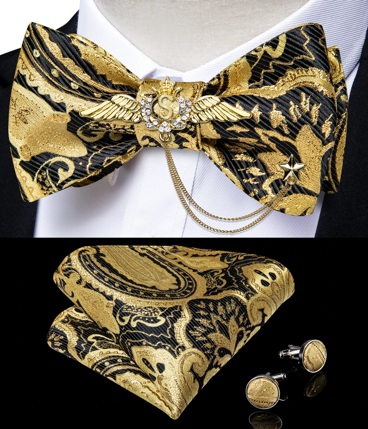 New Arrival Bow Ties For Men Bowties Cufflinks Handkerchief Set For Party Wedding Suit Accessories Man Tie Golden Brooch