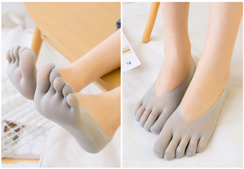 5 Pairs Five Finger Boat Socks Women Spring Summer Thin Plain Weave Shallow Mouth Velvet Ice Silk Sweat Absorbent Toe Socks