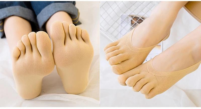 5 Pairs Five Finger Boat Socks Women Spring Summer Thin Plain Weave Shallow Mouth Velvet Ice Silk Sweat Absorbent Toe Socks