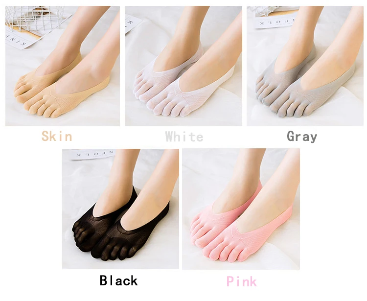 5 Pairs Five Finger Boat Socks Women Spring Summer Thin Plain Weave Shallow Mouth Velvet Ice Silk Sweat Absorbent Toe Socks