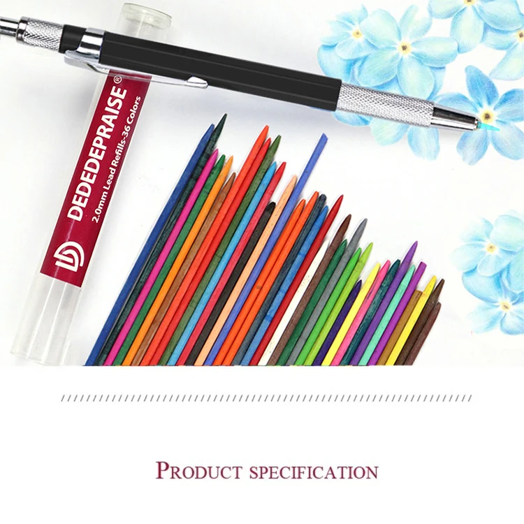DEDEDEPRAISE Sketch 2.0MM Press Mechanical Pencil & 36colors Leads Drawing Colored Pencils Automatic Pencils Replacement Leads