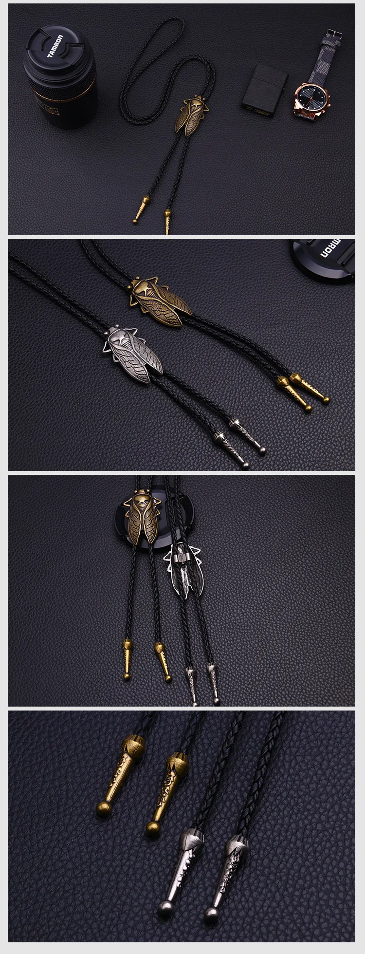 Fashion Metal Cicada Retro Bolo Tie for Men Necklace Pendant Leather Rope Necktie Shirt Collar Bowtie Accessories Cowboy Jewelry