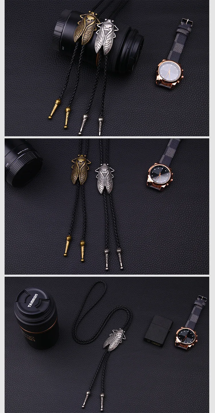 Fashion Metal Cicada Retro Bolo Tie for Men Necklace Pendant Leather Rope Necktie Shirt Collar Bowtie Accessories Cowboy Jewelry