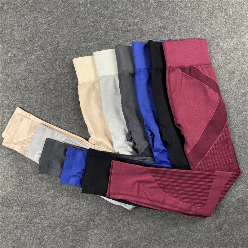 Rooftrellen 20%Spandex Hollow Mesh Leggings Women Seamless Knitted Leggings High Waist Stripe Pants Slim Push Up Fitness Leggins