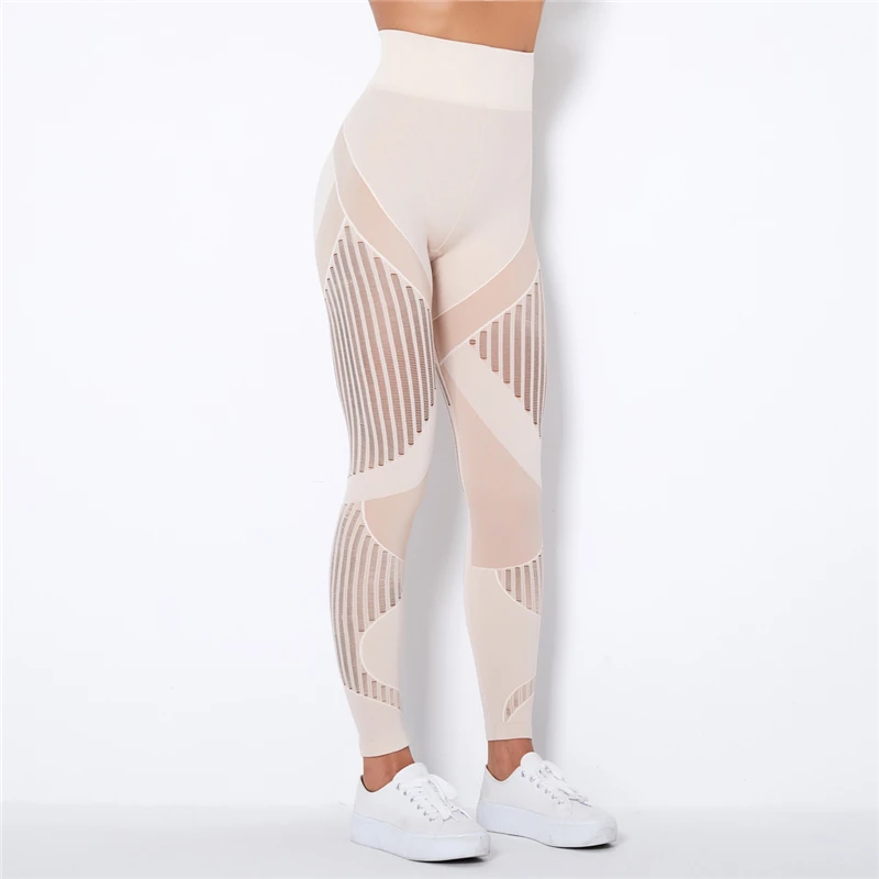 Rooftrellen 20%Spandex Hollow Mesh Leggings Women Seamless Knitted Leggings High Waist Stripe Pants Slim Push Up Fitness Leggins
