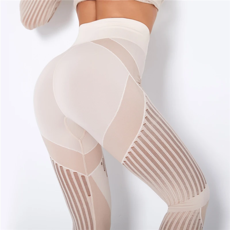 Rooftrellen 20%Spandex Hollow Mesh Leggings Women Seamless Knitted Leggings High Waist Stripe Pants Slim Push Up Fitness Leggins