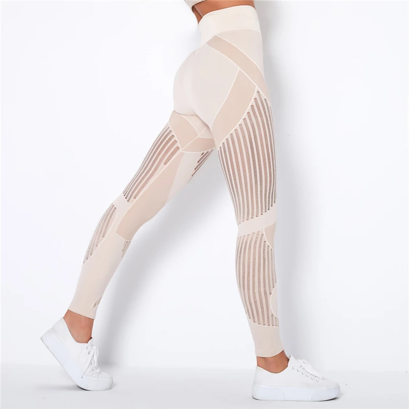 Rooftrellen 20%Spandex Hollow Mesh Leggings Women Seamless Knitted Leggings High Waist Stripe Pants Slim Push Up Fitness Leggins