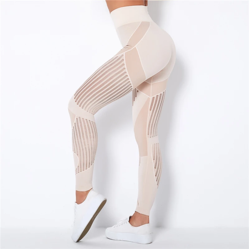 Rooftrellen 20%Spandex Hollow Mesh Leggings Women Seamless Knitted Leggings High Waist Stripe Pants Slim Push Up Fitness Leggins