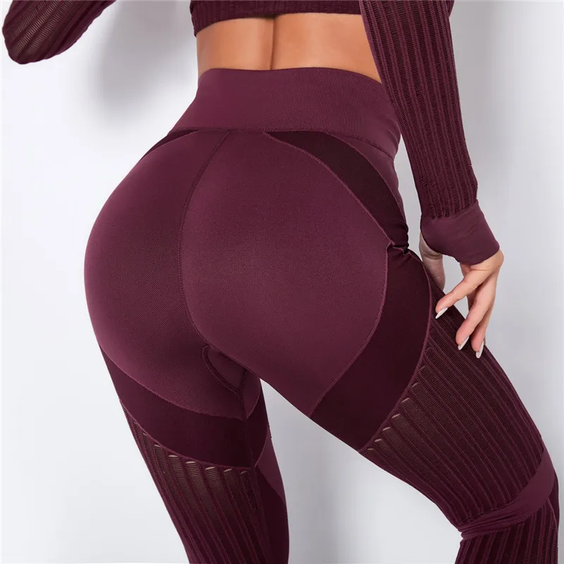 Rooftrellen 20%Spandex Hollow Mesh Leggings Women Seamless Knitted Leggings High Waist Stripe Pants Slim Push Up Fitness Leggins