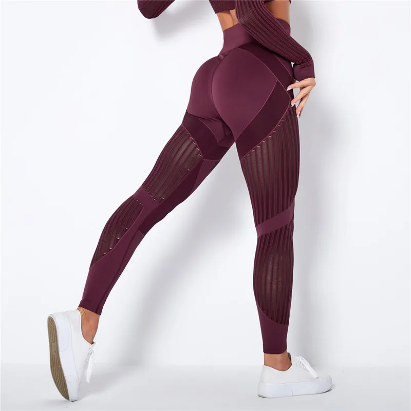 Rooftrellen 20%Spandex Hollow Mesh Leggings Women Seamless Knitted Leggings High Waist Stripe Pants Slim Push Up Fitness Leggins