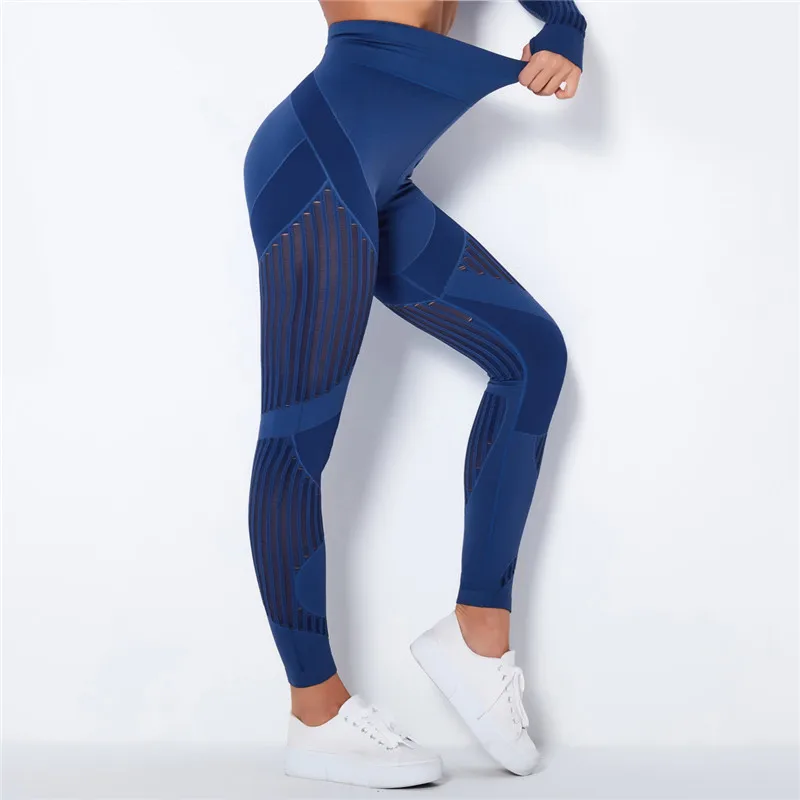 Rooftrellen 20%Spandex Hollow Mesh Leggings Women Seamless Knitted Leggings High Waist Stripe Pants Slim Push Up Fitness Leggins
