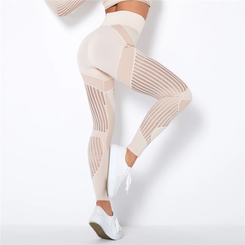 Rooftrellen 20%Spandex Hollow Mesh Leggings Women Seamless Knitted Leggings High Waist Stripe Pants Slim Push Up Fitness Leggins