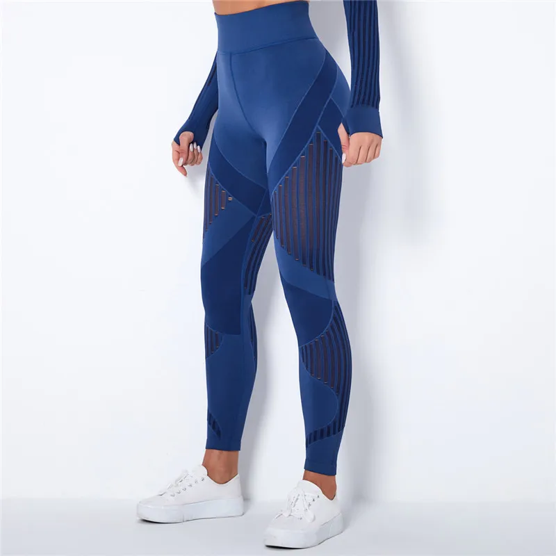 Rooftrellen 20%Spandex Hollow Mesh Leggings Women Seamless Knitted Leggings High Waist Stripe Pants Slim Push Up Fitness Leggins