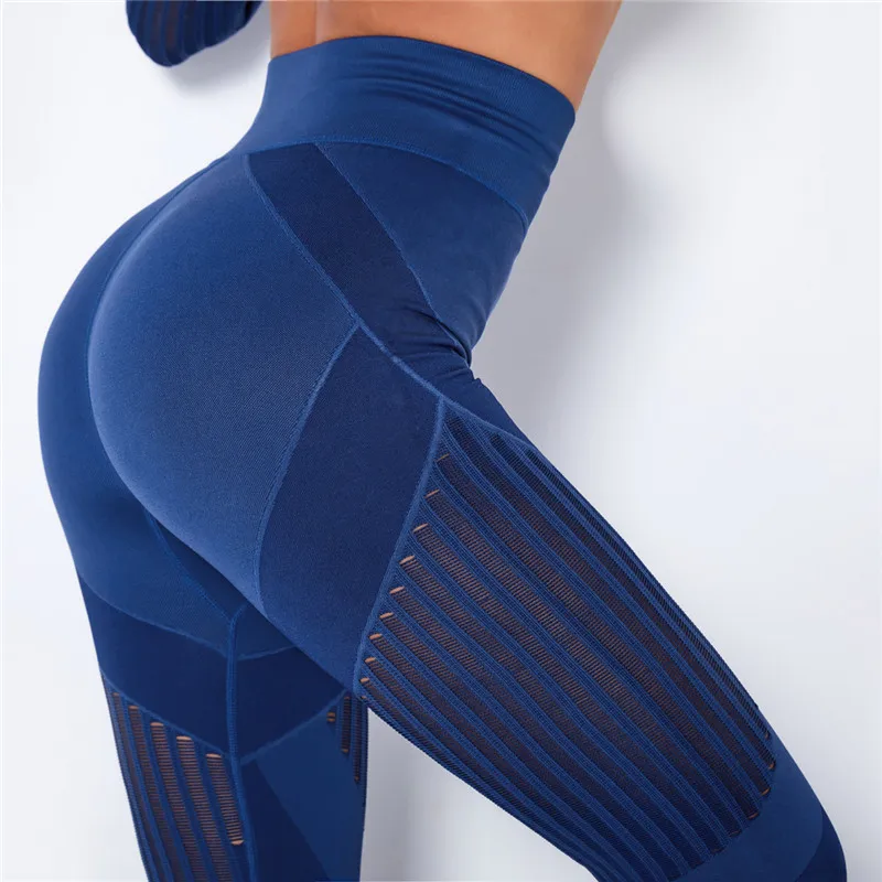 Rooftrellen 20%Spandex Hollow Mesh Leggings Women Seamless Knitted Leggings High Waist Stripe Pants Slim Push Up Fitness Leggins