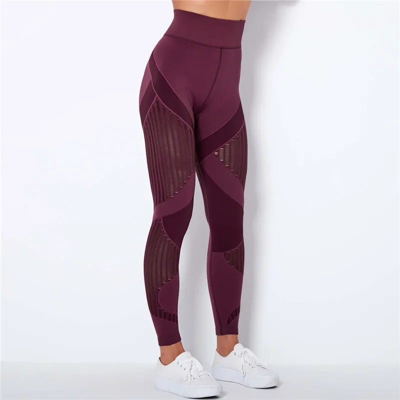 Rooftrellen 20%Spandex Hollow Mesh Leggings Women Seamless Knitted Leggings High Waist Stripe Pants Slim Push Up Fitness Leggins