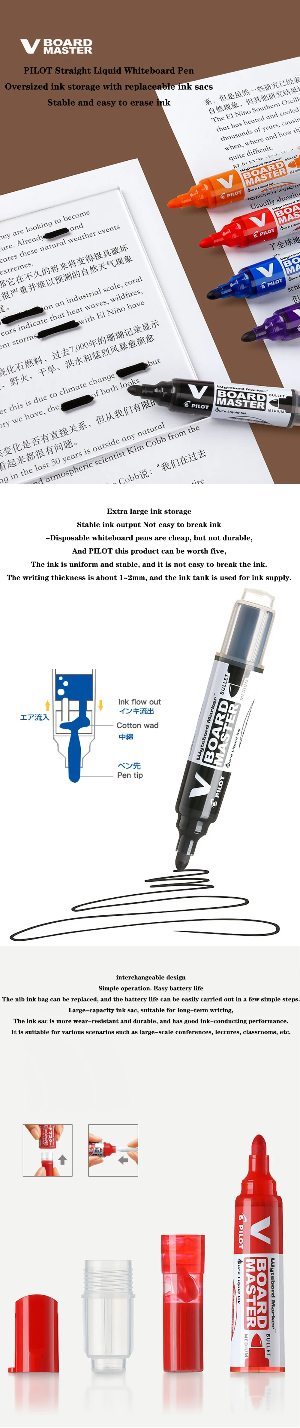 Pilot Whiteboard Marker 2.3mm Medium Bullet Erasable Refillable Liquid Ink School/Office Painting Supplies Teacher Stationery